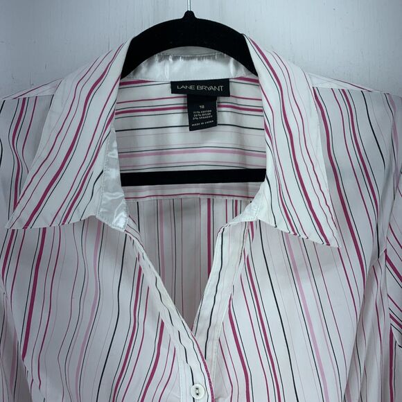 Lane Bryant Womens 18 Button Up Top Shirt Pink Stripes Ruched Slimming Stretch - Picture 3 of 8